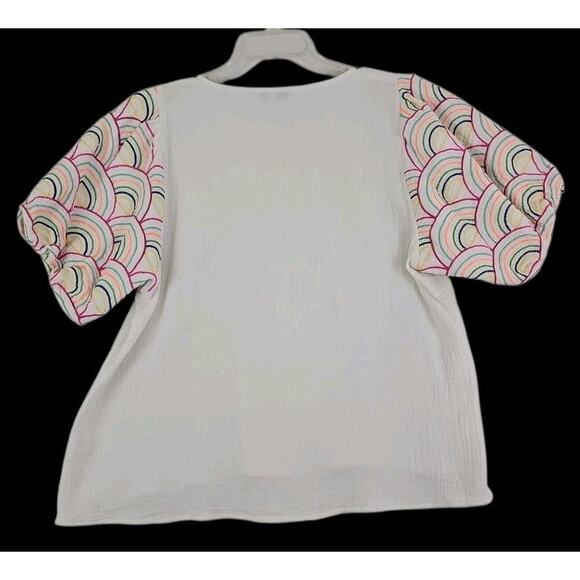 See N Be Seen ~Woman Size M~ White Textured Embroidered Puff Short Sleeve Cotton - Picture 7 of 13